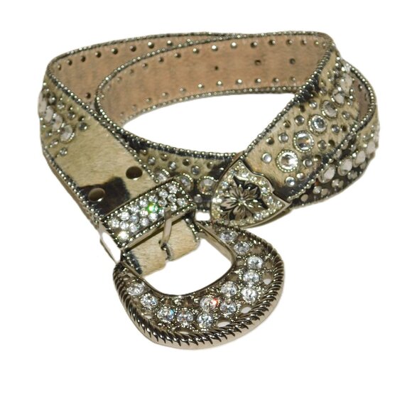 Calf Hair Genuine Leather Western Bling Belt Studs & Rhinestones Rodeo Cowgirl